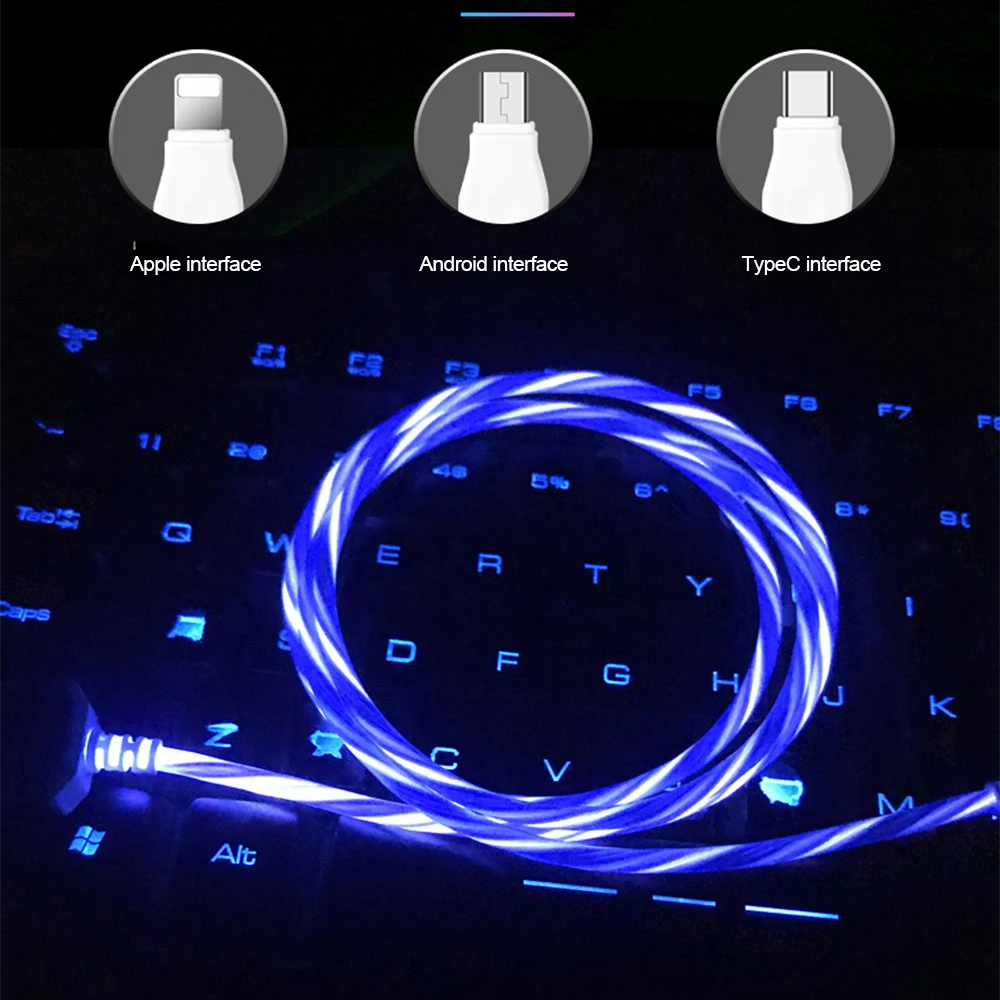 Стример линия передачи данных USB кабель для type C Apple Android iPhone 2.4A светящийся ночной Быстрый провод зарядки для Xiaomi mi9 huawei samsung