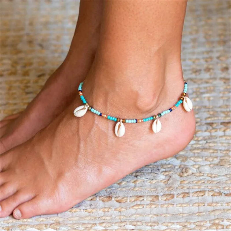 

Europe And America Elasticity Single Layer Adjustable Foot Ornaments Women's Bohemian Style Natural Shell Color Bead Anklet