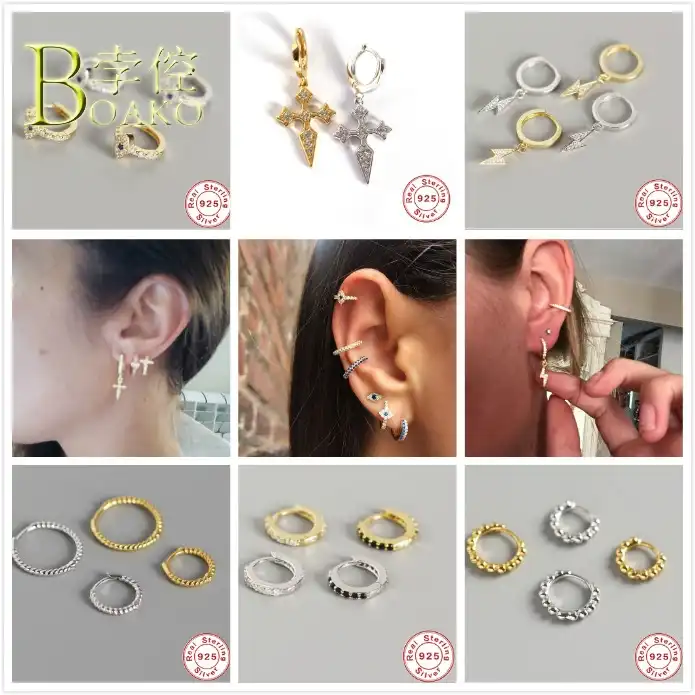 BOAKO панк сережки-крестики для мужчин 925 серебряные серьги для женщин небольшие кольцевые Сережки для пирсинга уха костяные серьги раппер де...