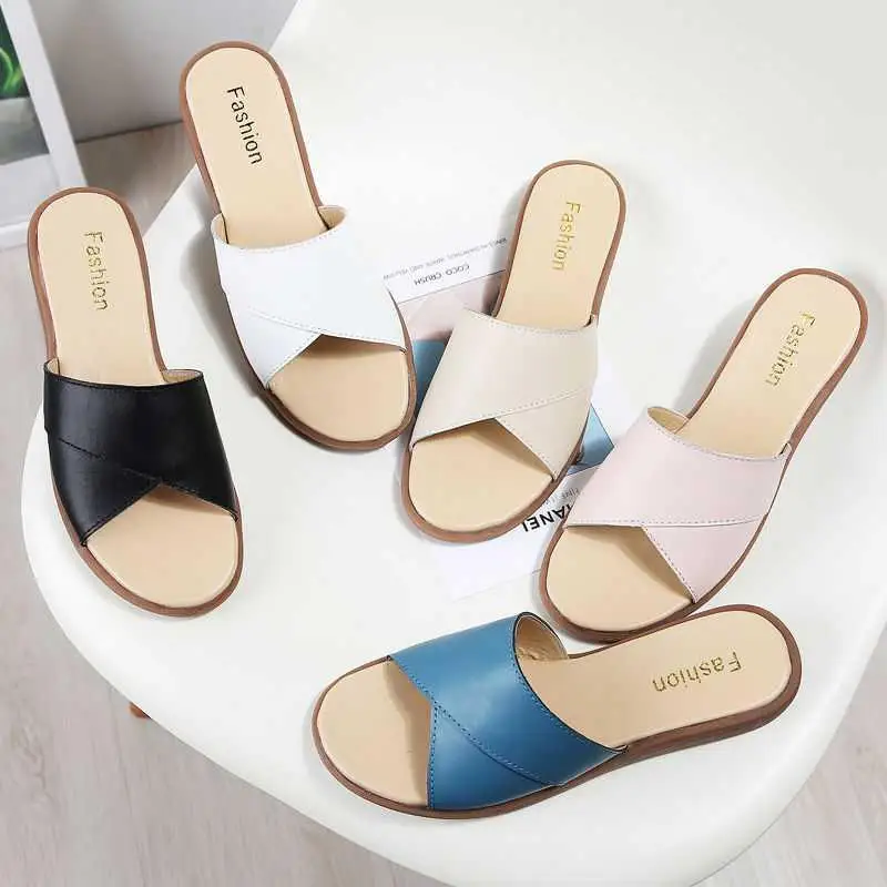 Summer Slippers Women Genuine Leather Cow Leather Shoes Woman Flats Slides High Quality Fashion Slippers Ladies Plus Size Shoes