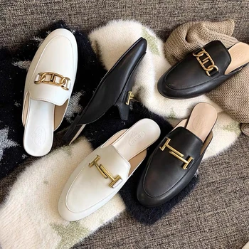 

Luxury Brand Spring Summer Fashion Home Slippers Genuine Leather Slip-on Fashion Designer Shoes Size 34-40 Metal decoration