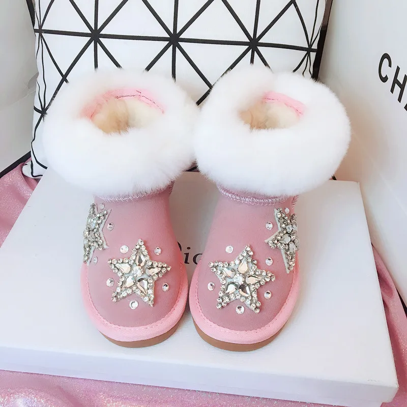 Новые зимние детские теплые ботинки на меху теплые ботинки для девочек детская обувь со стразами брендовые ботинки для малышей ботильоны из натуральной кожи