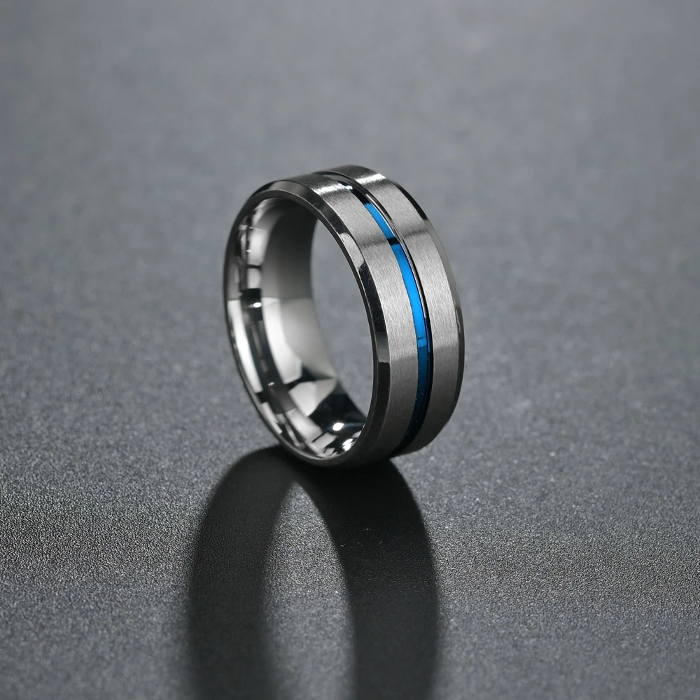 Men's Fashion 8MM Black Brushed Ladder Edge Stainless Steel Ring Blue Groove Men Wedding Ring Gifts For Men - Image 3