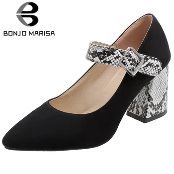 

BONJOMARISA Ladies Office Fashion Snake Veins Pumps mixed-color High Hoof Heels Pumps Women Pointed Toe Date Shoes Woman