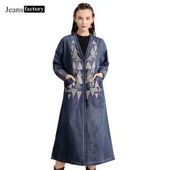 

Spring Vintage Embroidery Long Denim Trench Coat Women V Neck Single Breasted Long Sleeve Jeans Coats Female Casual Windbreaker