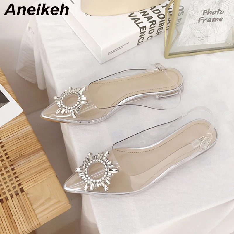 

Aneikeh Summer NEW PVC Flats Sandals Shoes Lady Sun flower Rhinestone Pointed end Women Buckle Slingbacks Flats Shoes Size 35-39