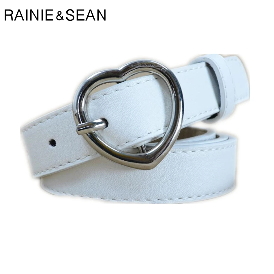 RAINIE SEAN Heart Belts For Women White Ladies Waist Belt Pu Leather Pin Buckle Thin Female Belt Red Black Pink Coffee Dark Blue la spezia pin buckle belt for women coffee real leather belt female vintage ethnic genuine leather cowhide ladies jeans belts