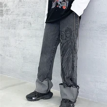 New Jeans for Women Vintage Grey Jeans Loose High Waist Trousers Cotton Harajuku Cartoon Jeans Casual Print Denim Trousers#8520