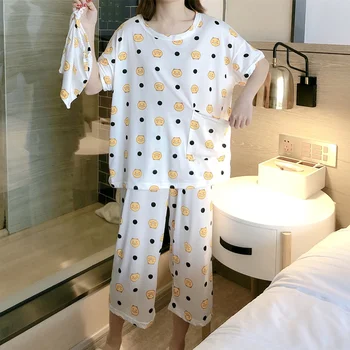 

2020 Spring Summer Hot Sale Pajamas For Women Short Sleeve 2 Pcs Female Pyjama Sets Loose Comfortable Sleepwear Cotton Made