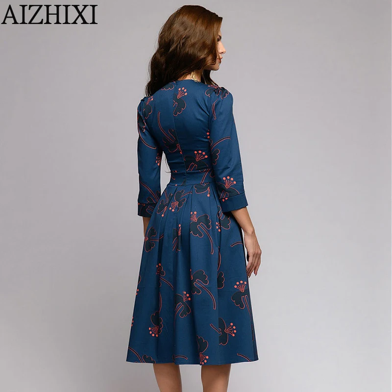 AIZHIXI, Осеннее элегантное платье с рукавом 3/4 и цветочным принтом, женские повседневные летние платья трапециевидной формы с круглым вырезом, элегантные вечерние платья Vestidos