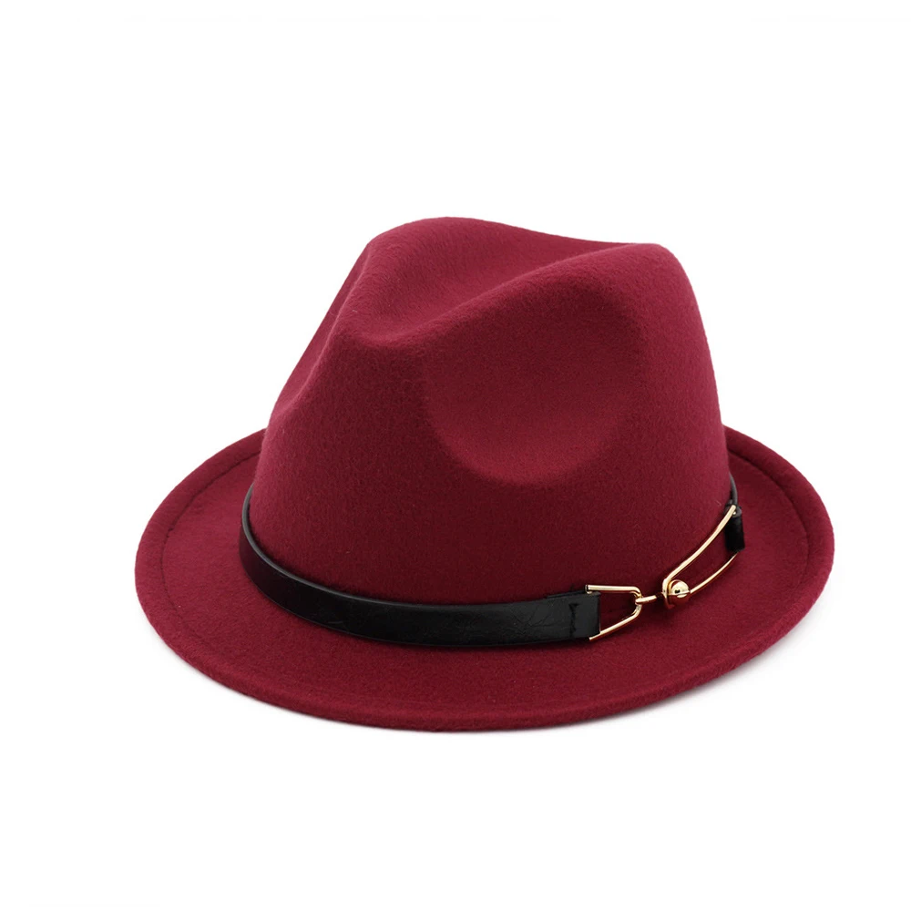 Женская мужская фетровая шляпа с кожаным поясом элегантные женские вечерние шляпы Панама шляпа - Цвет: Wine Red