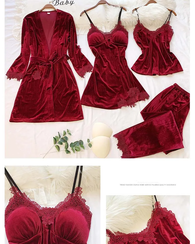 Женский вечерний комплект с платьем, сексуальное кружевное ночное белье, 4 предмета, одежда для сна, женская домашняя одежда, Золотая Бархатная ночная рубашка, теплый зимний комплект для сна