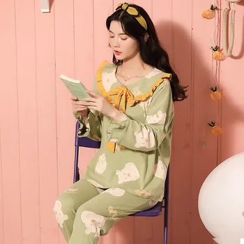 

Casual Cotton 2PCS Shirt&Pants Women Pajamas Suit Sleepwear Cute Nightwear Intimate Lingerie 2020 New Nightgown Home Clothes