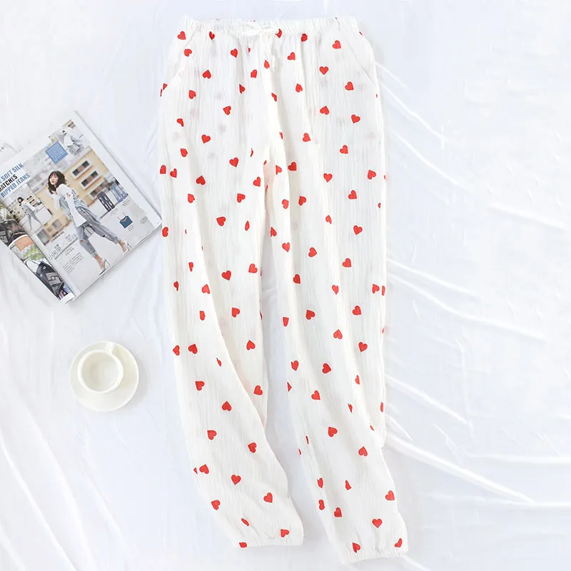 Spring and Summer Women's Home Pants Women Cotton Double Gauze Thin Sleep Pants Sleep Bottoms Casual Red hearts Printing Pyjamas