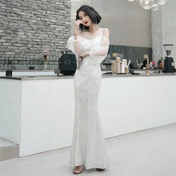 

Bling Sequins Sexy Lady Lace Patchwork Evening Party Gown Qipao Exquisite Mesh Lantern Sleeve Mermaid Prom Dress Robe De Soiree