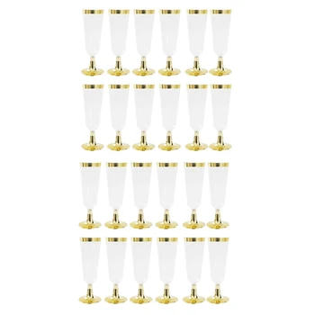 

24Pcs 150 Ml Plastic Gold Rimmed Clear Hard Disposable Party Wedding Cups Premium Fancy Champagne Glasses Flutes