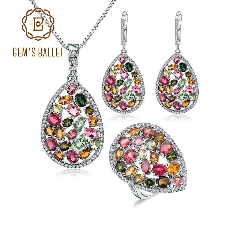

GEM'S BALLET Natural Colorful Tourmaline Gemstone Jewelry Set 925 Sterling Silver Ring Earrings Pendant Sets For Women Wedding