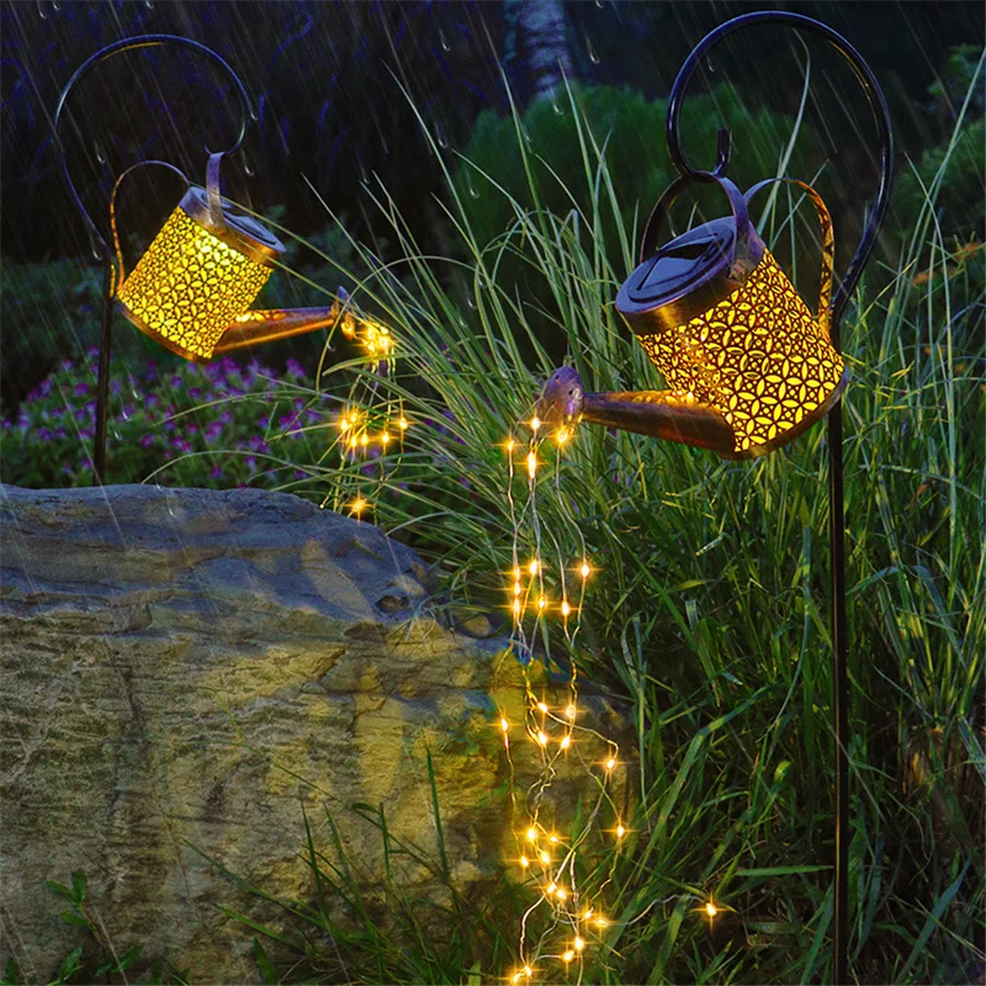 New Outdoor Waterproof Solar Led Watering Can Lamp Iron Hollow-out Shower Lawn Landscape Christmas Fairy Lights For Garden Decor
