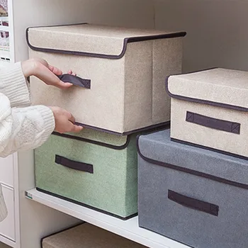 

2Pcs/Set Multifunctional Cotton Linen Storage Box Clothes Socks Toy Snacks Sundries Cosmetics Organizer Household Case with Lid