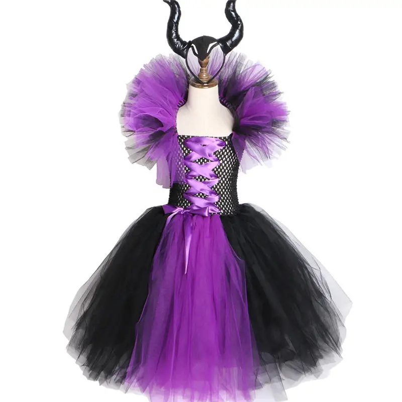 

Maleficent Evil Queen Girls Tutu Dress with Horns Halloween Cosplay Witch Costume for Girls Kids Halloween Clothing Set