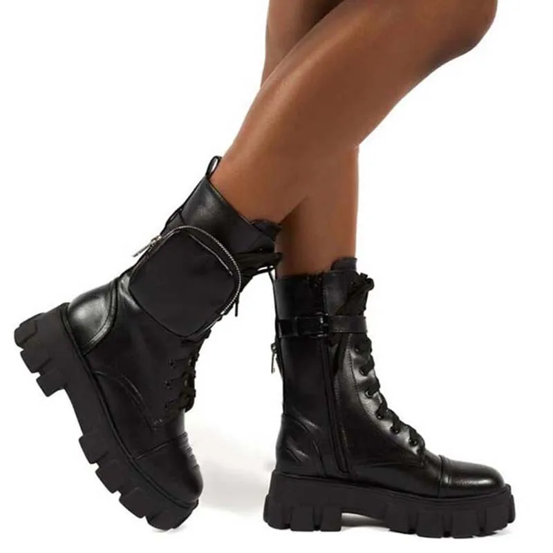 Botas de plataforma motocicleta para mujer, zapatos con tacón grueso negro, a la moda, con cinturón de diseñador