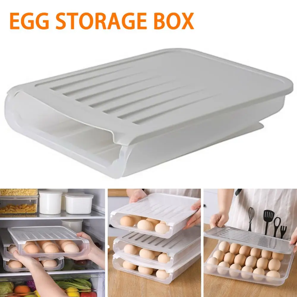 

3-row Crisper Plastic Egg Container Case Kitchen Refrigerator Clear Stacked Auto Scrolling Egg Holder Fresh Storage Box Rack