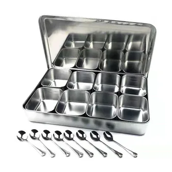 

Japan Style Kitchen food Storage container Compartments Stainless Steel Seasoning box Containers with Lid Rectangle chef tools