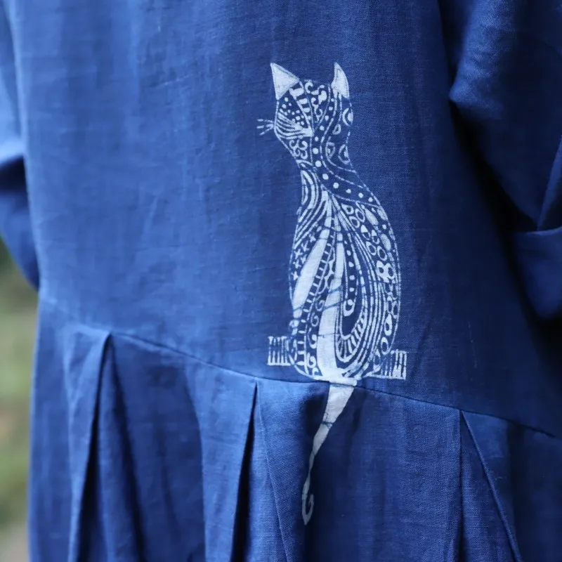 Vintage New Women Top Quality Cotton Linen Maxi Long Dress Ankle Length Handmade Plant Dyeing Kawaii Cat Printed Loose Fit Dress