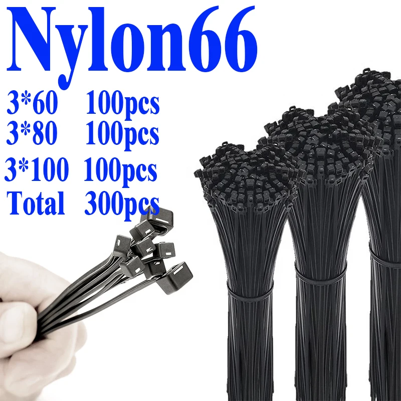 

Assorted Self-locking Nylon Cable Ties Black Plastic Zip Tie Loop Wire Wrap 3*60 3*80 3*100