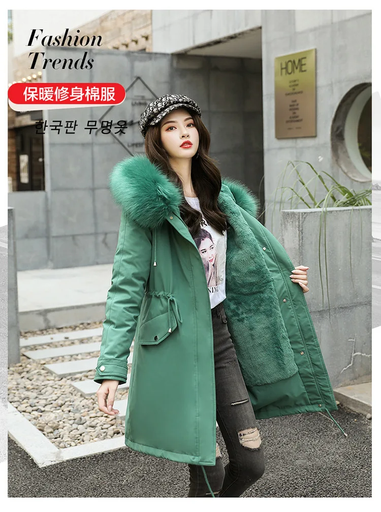 Sweet lady style large women rex rabbit fur liner fur coat long paragraph detachable fur collar women's jacket cotton clothing