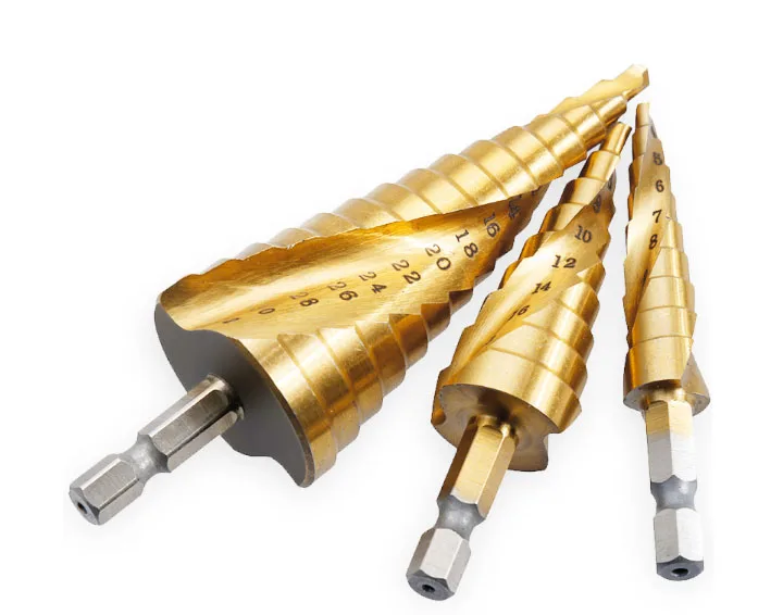 6pcs Titanium Coated Straight and Spiral Step Drill Bit Set Hex Shank Grooved Center Drill Bit Accessories Step Cone Drill Bit