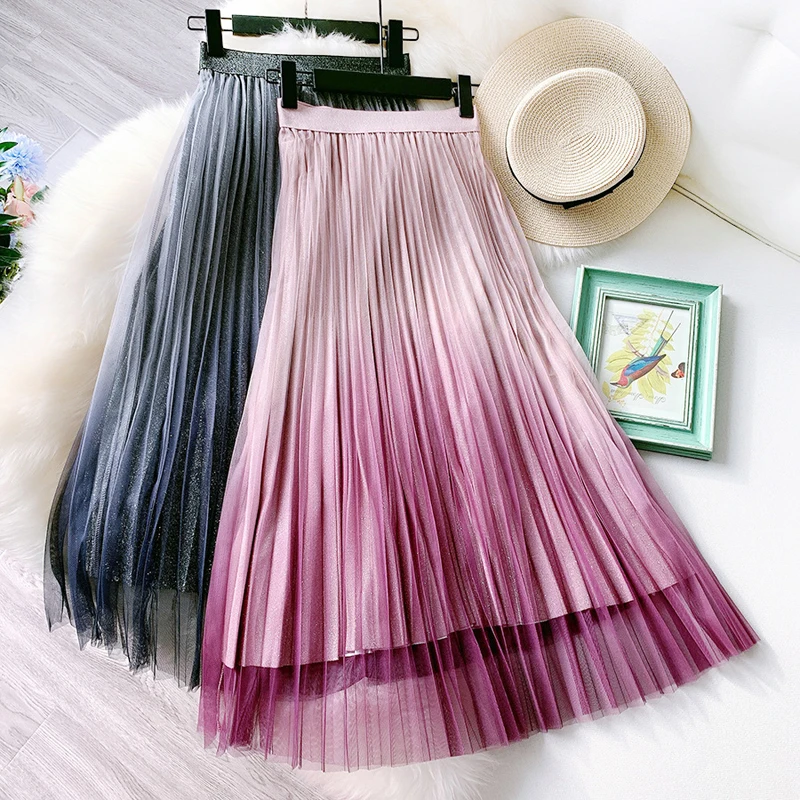 

Wasteheart Summer Blue Women Skirt High Waist Mid-Calf Length Skirt Mesh Clothing All-match Empire Sweet Pleated Skirts
