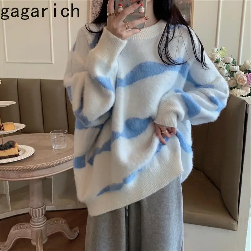 Gagarich Wavy Pattern Sweater Girls Autumn Japanese College Style Soft Waxy Outside Wear Retro Lazy Fashion Western Pullover | Женская