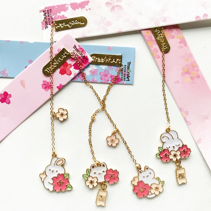 

1X Cute Rabbit Cat And Sakura Metal Chain Pendant Bookmark Marker of Page School Office Supply Student Stationery Kids Gift