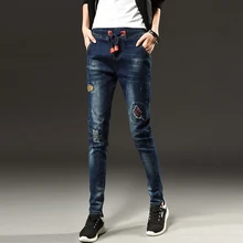 Брюки; сезон весна-осень; корейский стиль; тонкие джинсы с эластичной резинкой на талии; свободные джинсы; большие размеры