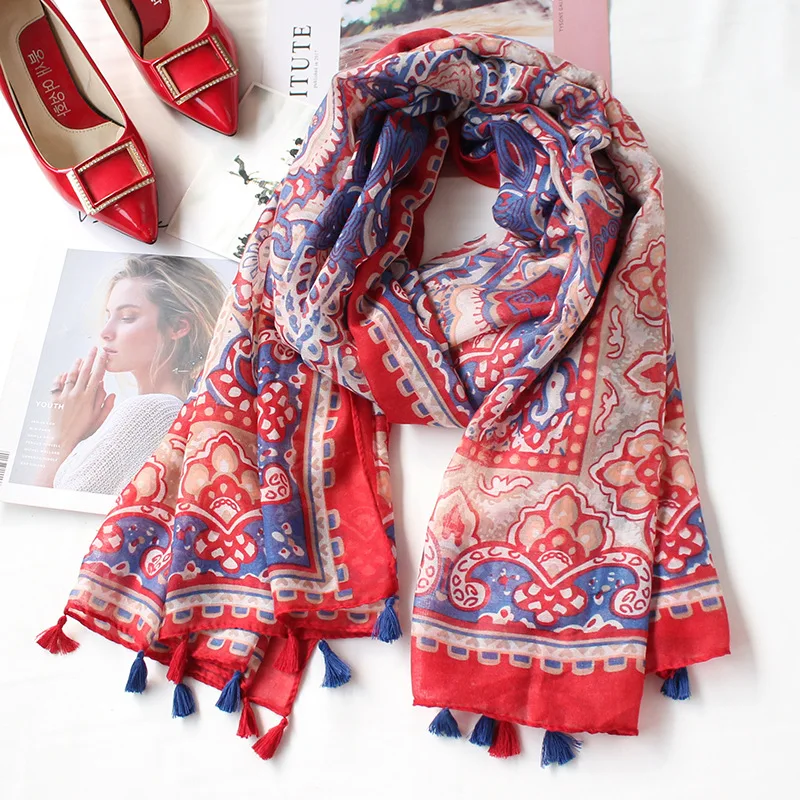 red scarf Элегантный мини-шарф с цветочным принтом и кисточкой, красный шарф для женщин, модный длинный мусульманский хлопковый платок, большие размеры, Пашмина, хиджаб - Цвет: red scarf