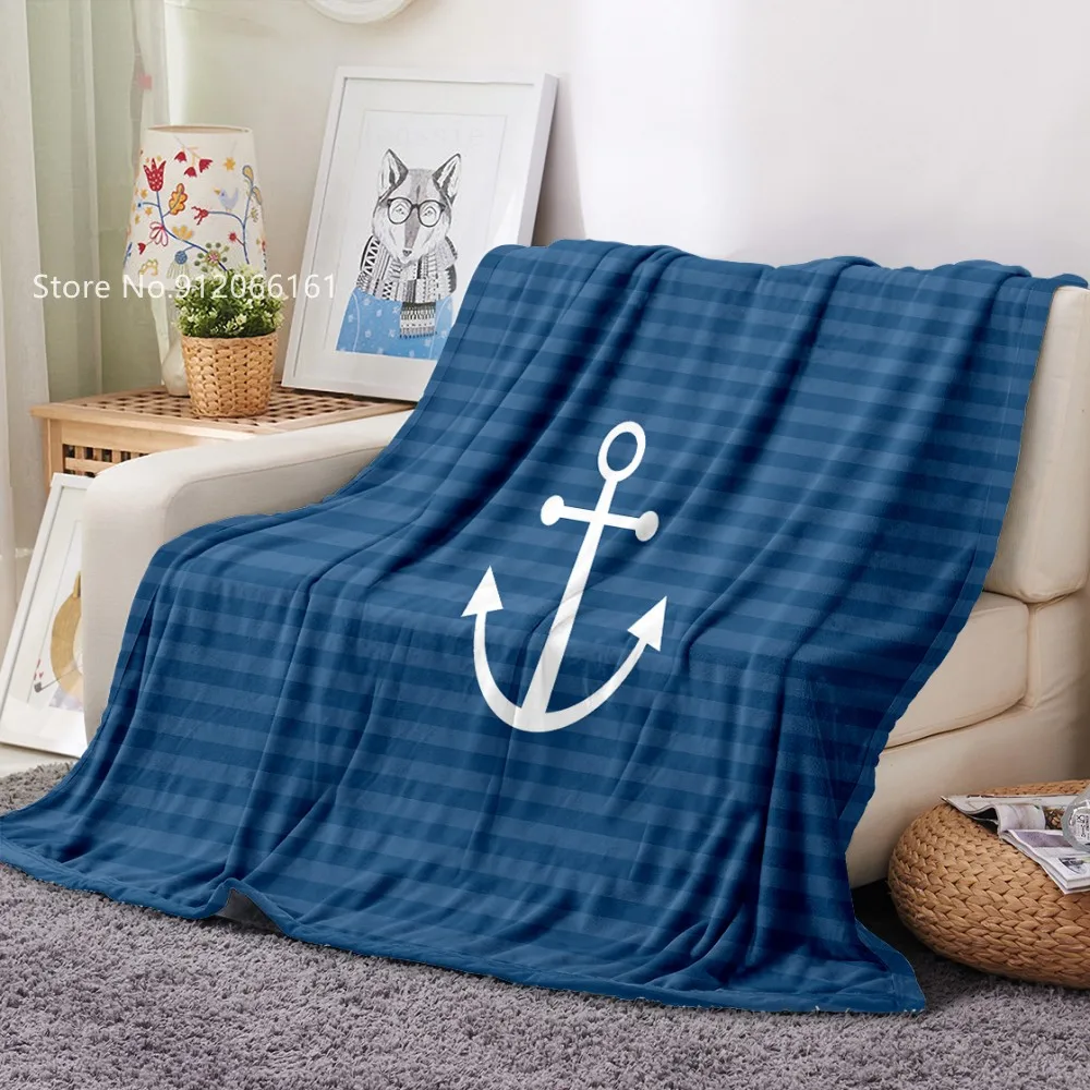 

Navy Blue Ripple Anchor Flannel Blanket Cartoon Home Textile Bedspread For Bed Nap Office Fleece Blanket Winter Bedclothes