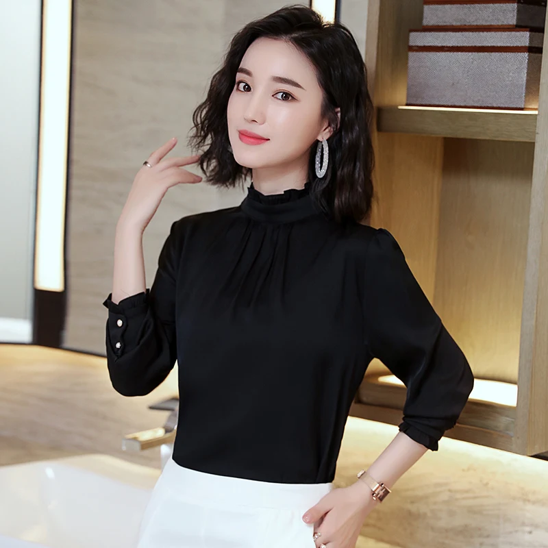 

Womens Tops and Blouses Real Silk Blouse Turtleneck Shirts Korean Fashion Clothing White Black Vintage Shirt 2020 LWL1578