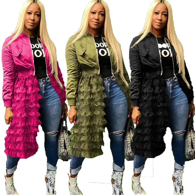

Plus Size Green Bomber Jacket Women Autumn Winter Streetwear Korean Harajuku Jacket Layered Mesh Ruffle Black Long Coat Outwear