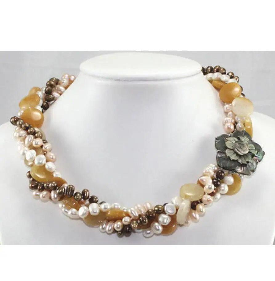 Free Shipping lady's perfect accessory ! 4 Strands Multicolor Cultured Pearl &amp Agate Necklace Shell Flower Buckle | Украшения и