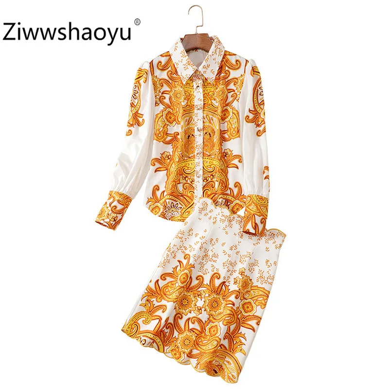 

Ziwwshaoyu Fashion Autumn Gold Pattern Printed Skirt Suit Women's Lantern Sleeve Blouse + High Waist Skirt Vintage Two Piece Set