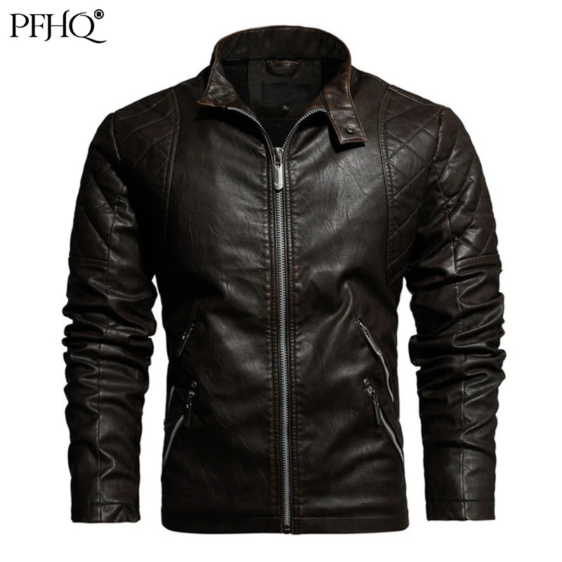 lightweight leather jacket PFHQ 2022 New Men's Plus Velvet Autumn And Winter Solid Color Stand-up Collar Link Decoration Washed PU Leather Jacket 21X0.0801 sheep leather jacket