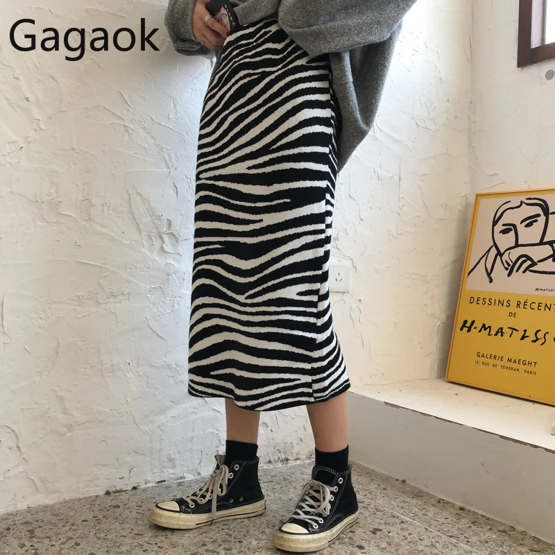 Gagaok Женская трикотажная Высокая уличная юбка весна осень новая полосатая до середины икры прямая имперская облегающая тонкая женская модная юбка