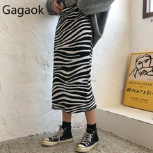 Gagaok Женская трикотажная Высокая уличная юбка весна осень новая полосатая до середины икры прямая имперская облегающая тонкая женская модная юбка