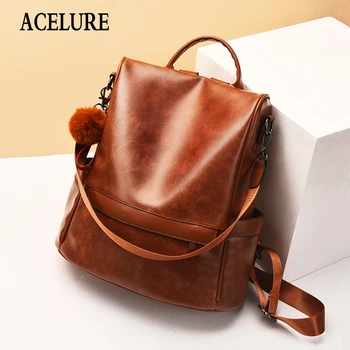 

ACELURE Fur Ball Pendant Solid PU Leather Red Soft High Capacity Women Backpack Large School Bags for Students Teenager Bagpacks