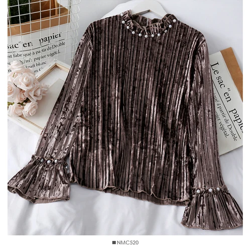 Dark Brown Neploe велюровые женские нижние футболки с бусинами и круглым вырезом, длинный расклешенный рукав, топ тройники, тонкий пуловер в Вертикальную Полоску, футболка 56838 - Цвет: Dark Brown
