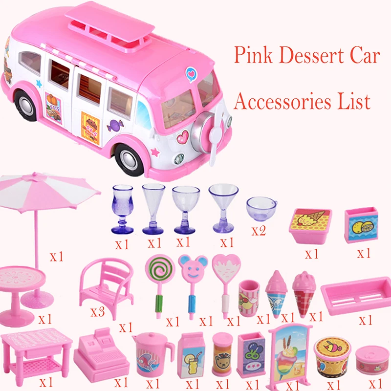 Pink Dessert Car Детский милый мини-симулятор, пластиковый розовый дом на колесах, кемпер, автомобиль, кукольный домик, мебель, аксессуары для Барби, игрушка для ролевых игр - Цвет: Pink Dessert Car
