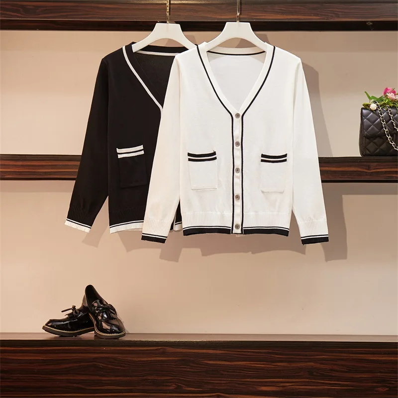 Plus size 4XL Spring autumn women cardigan casual patchwork color knitted tops V neck OL female sweater coat white black |