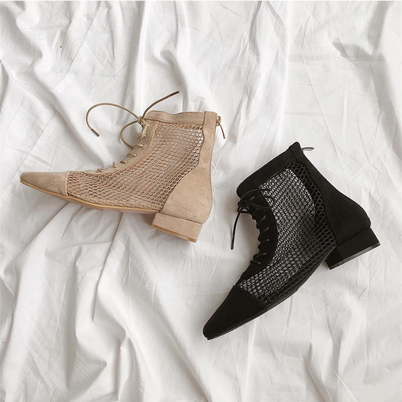 Boots 2019 autumn new women's square low heel boots and bare boots net boots