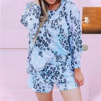 

Long Sleeve Leopard Print Home Tops Shorts Summer Daily Women Pajama Set Breathable Elastic Waist Soft Loose Sleepwear Casual